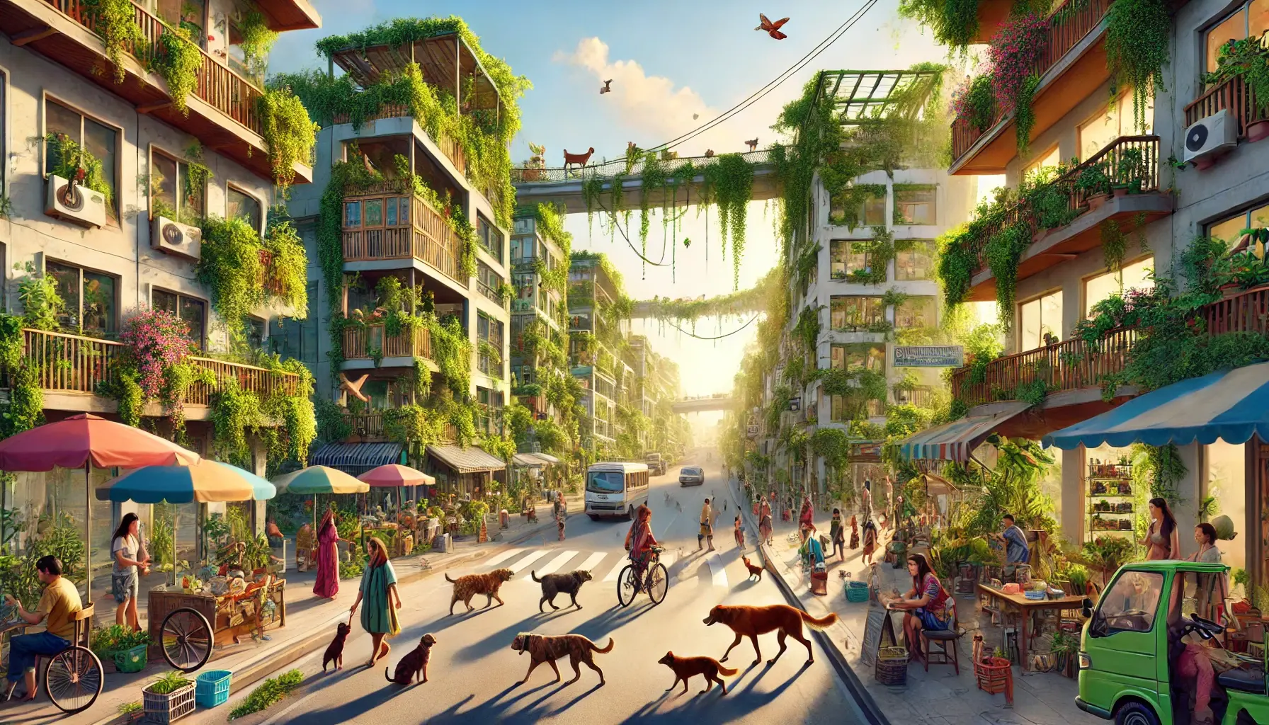 DALL E 2024 08 08 14 26 37 A vibrant cityscape where humans and animals coexist harmoniously The buildings are overgrown with lush green weeds and vines integrating nature int