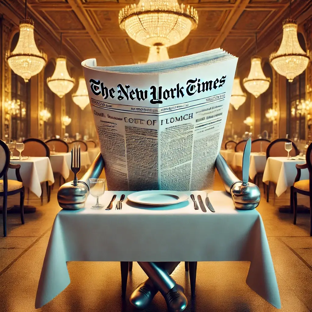 DALL E 2024 08 16 14 16 22 Create an artistic image depicting a New York Times newspaper sitting at a fine dining restaurant The newspaper has arms but no face or body holding